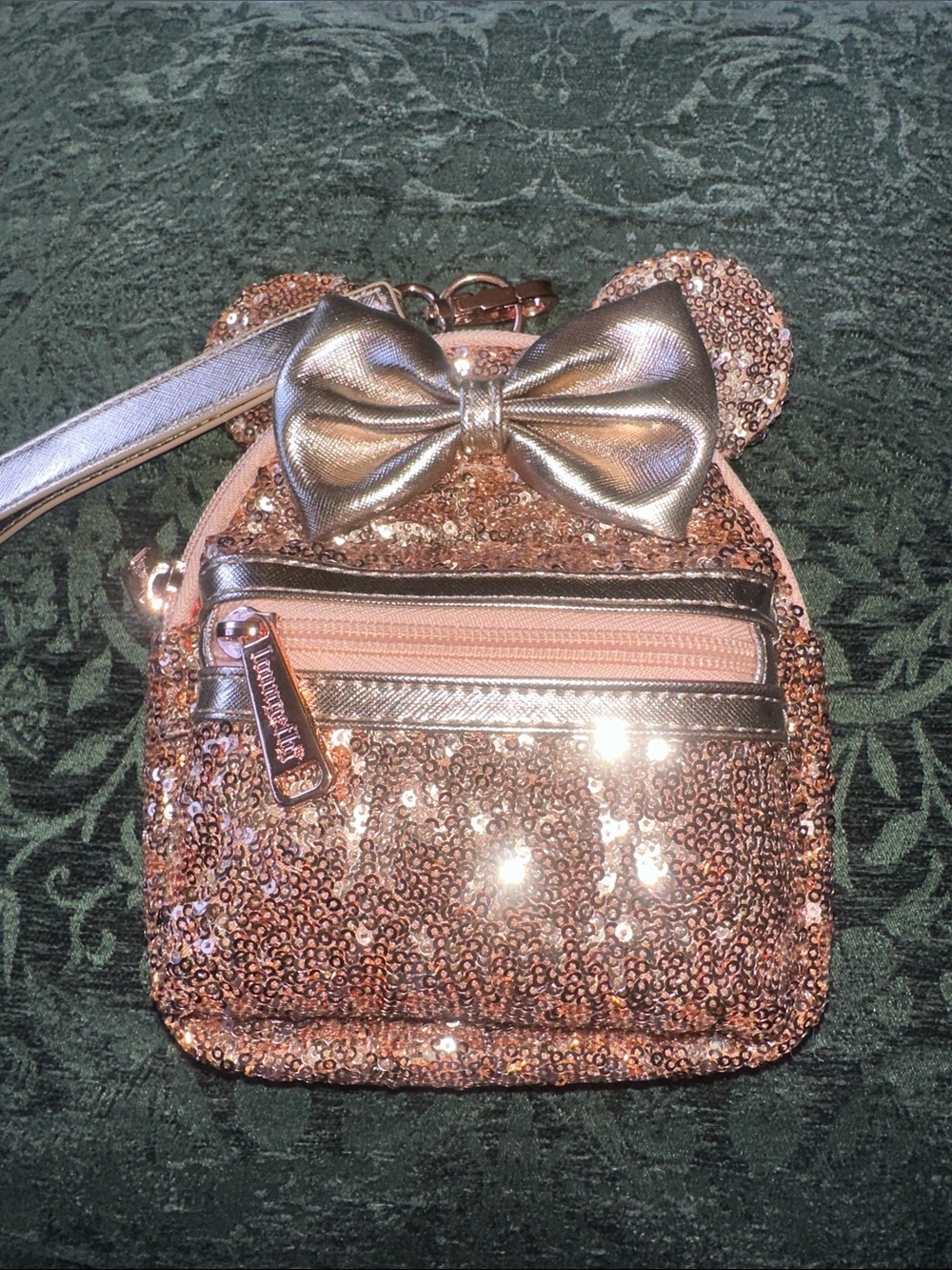 Disney Parks Loungefly Mini Backpack Wristlet Rose Gold Sequined Minnie Mouse